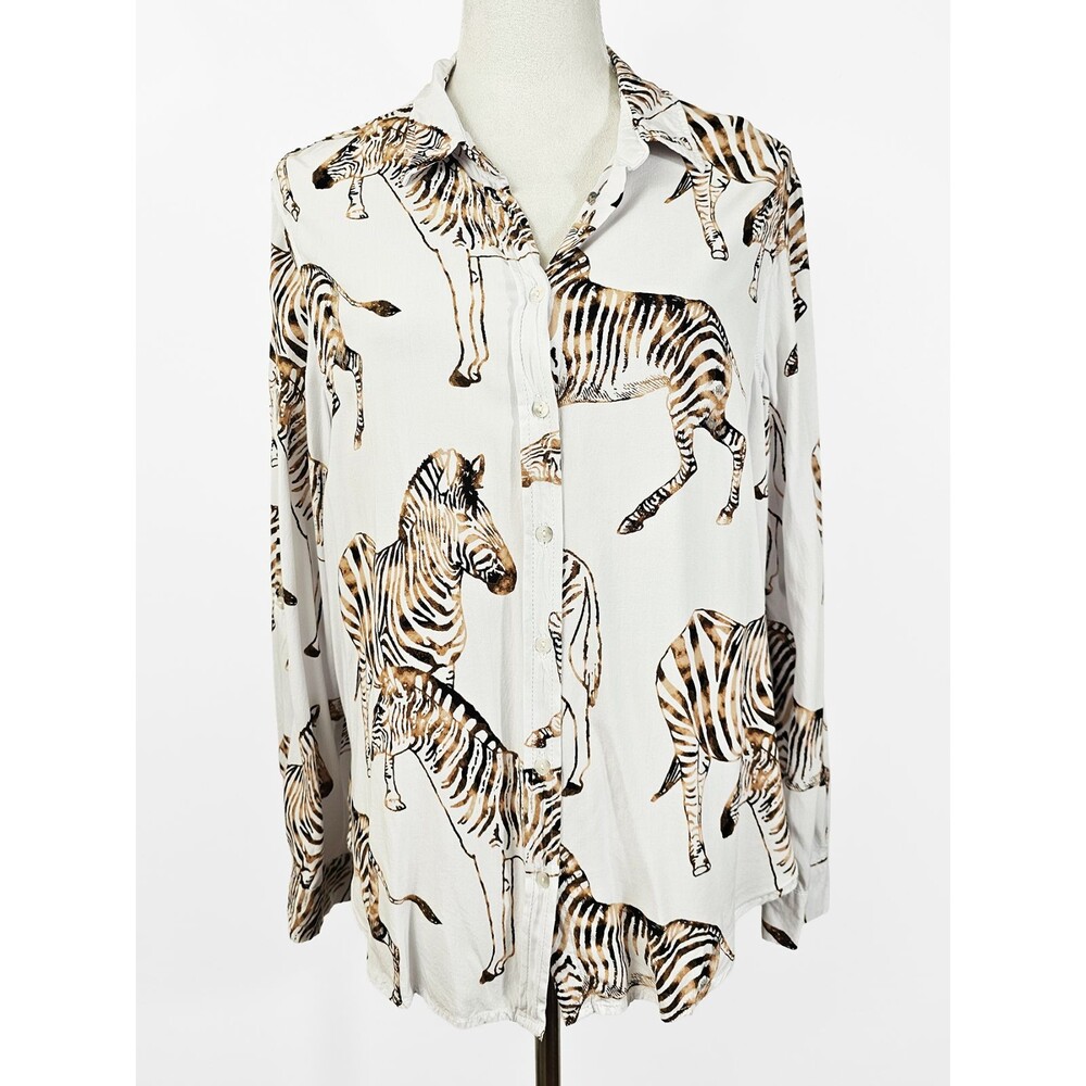 Jane and Delancey Large White Brown Zebra Button Up Blouse